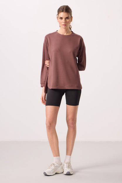 Brown Soft Textured O Collar Comfort Fit Women's Tunic Sweatshirt - 97305