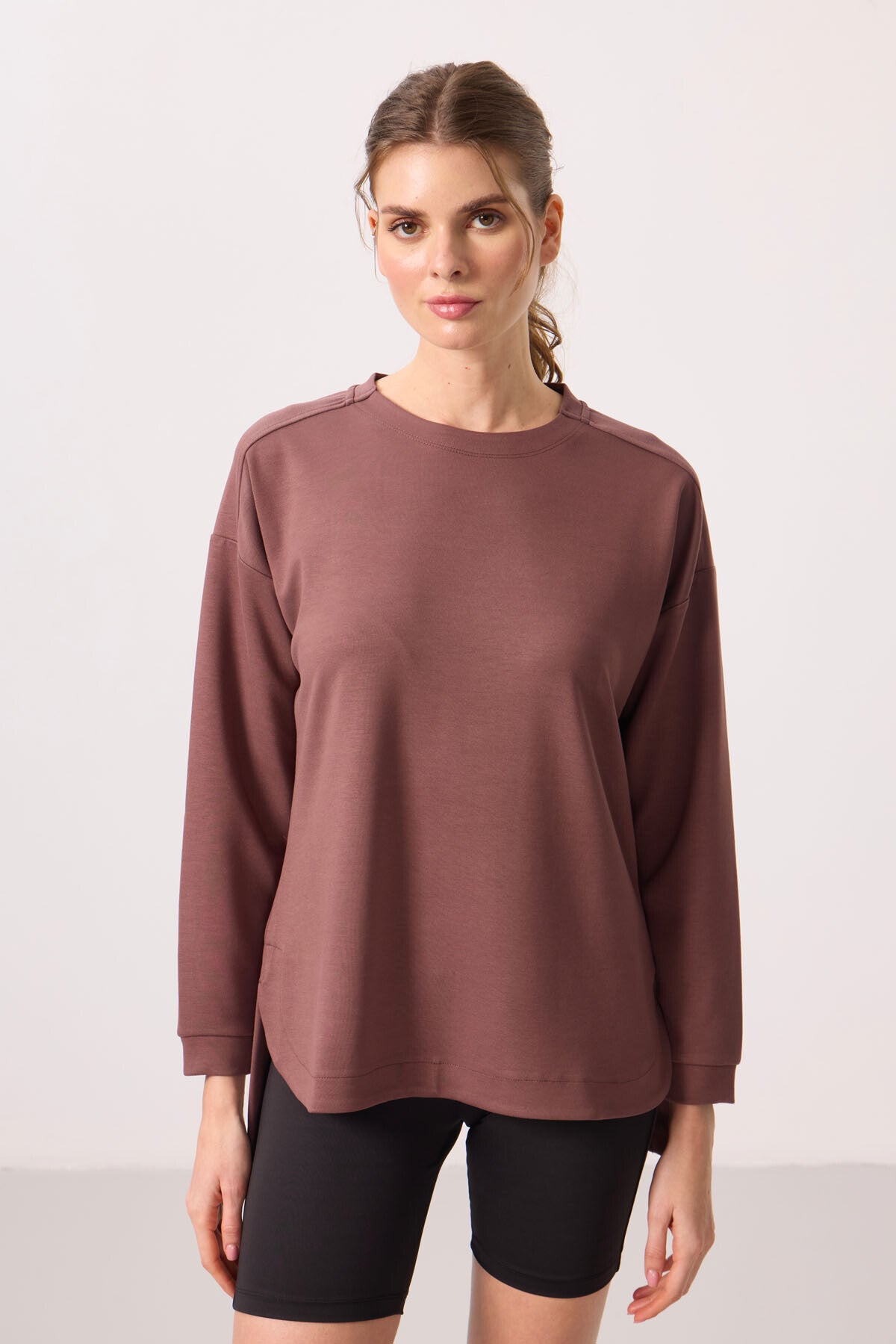 Brown Soft Textured O Collar Comfort Fit Women's Tunic Sweatshirt - 97305