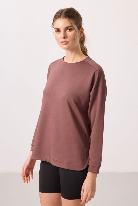 Brown Soft Textured O Collar Comfort Fit Women's Tunic Sweatshirt - 97305