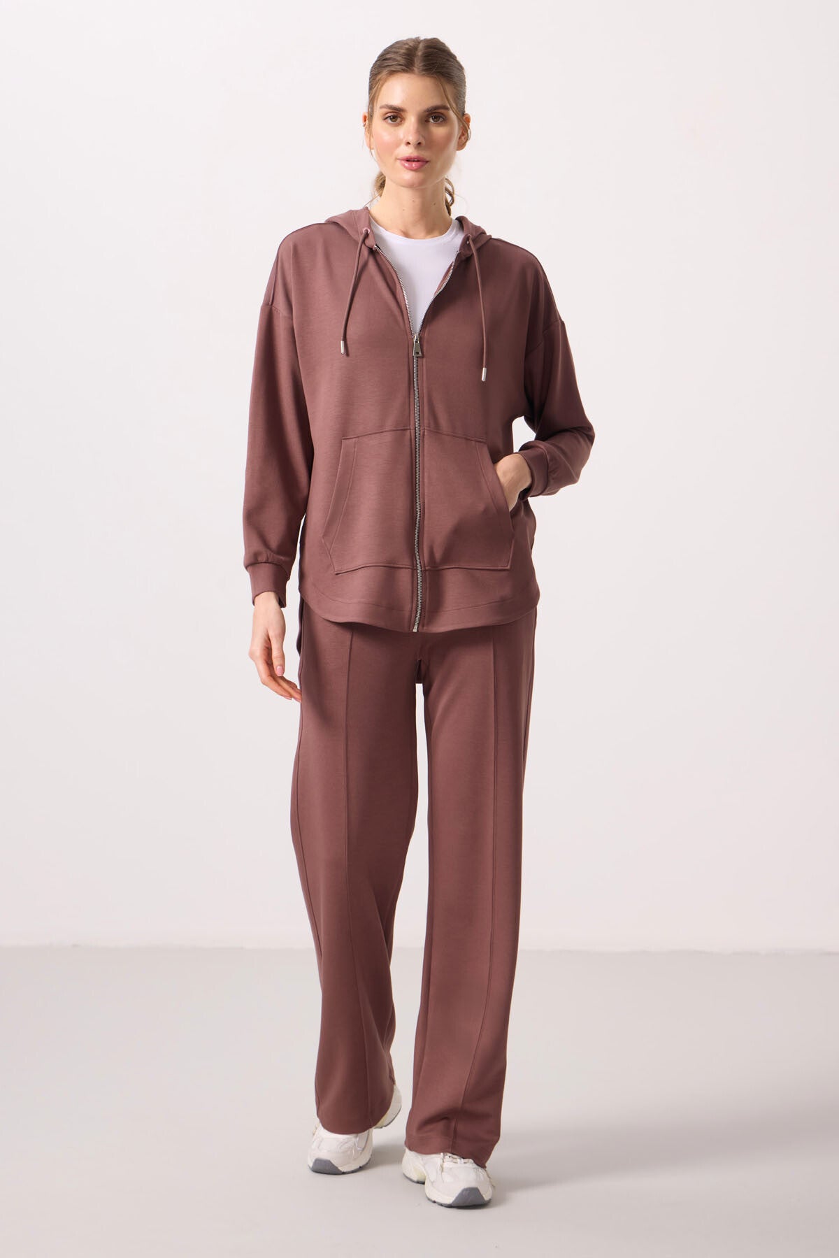 Brown Soft Textured Oversize Women's Hooded Tunic Sweatshirt - 97302