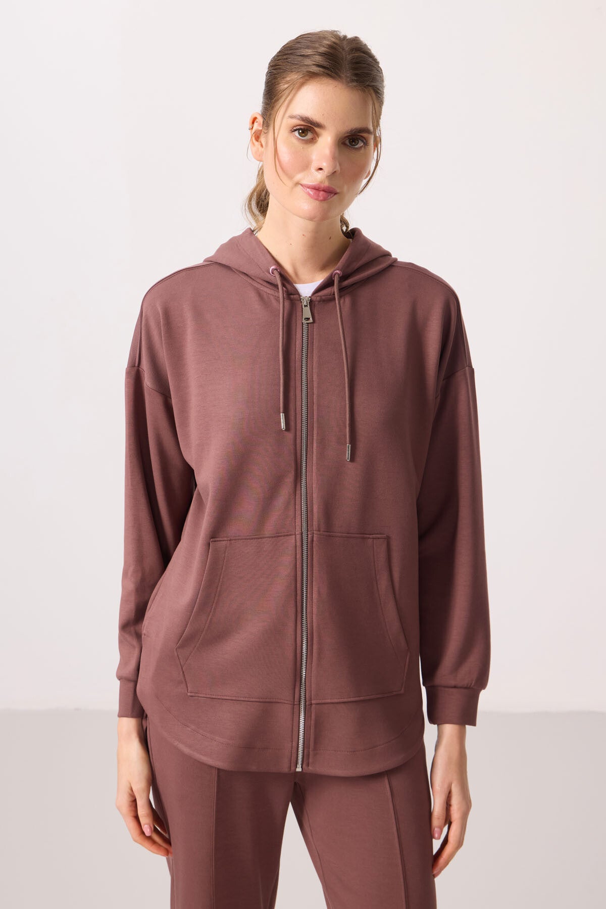 Brown Soft Textured Oversize Women's Hooded Tunic Sweatshirt - 97302