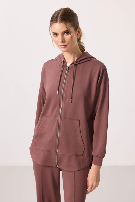 Brown Soft Textured Oversize Women's Hooded Tunic Sweatshirt - 97302