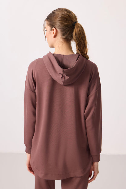 Brown Soft Textured Oversize Women's Hooded Tunic Sweatshirt - 97302