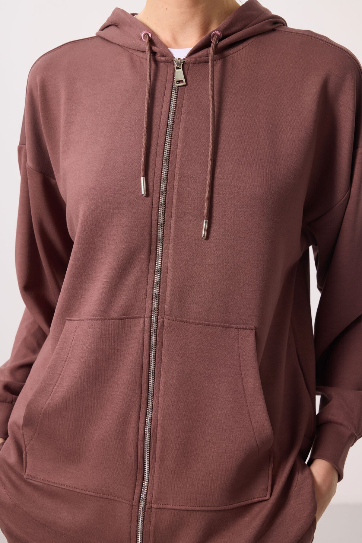 Brown Soft Textured Oversize Women's Hooded Tunic Sweatshirt - 97302