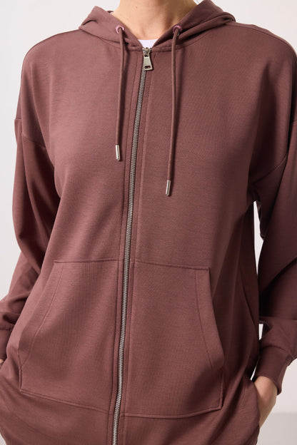 Brown Soft Textured Oversize Women's Hooded Tunic Sweatshirt - 97302