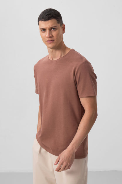 Brown Textured Surface Comfort Fit Basic Men's T-Shirt - 88436