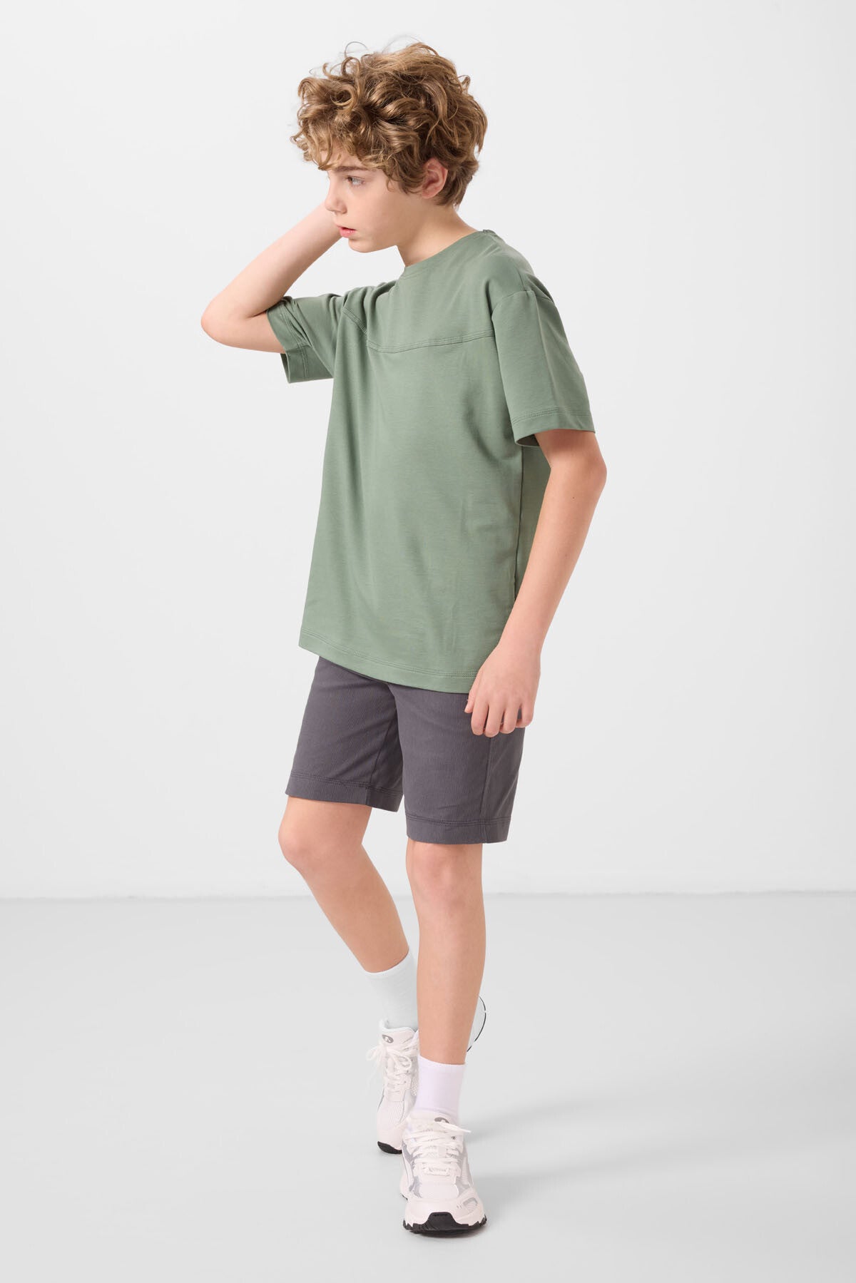 Light green anthracite cotton oversize fit woven lightweight elastic Chino shorts set - 11279