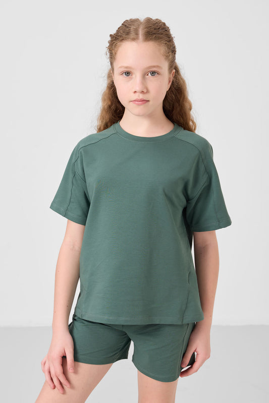 Light green cotton soft woven standard fit basic girls shorts set - 75184