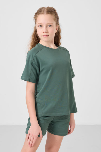 Light green cotton soft woven standard fit basic girls shorts set - 75184