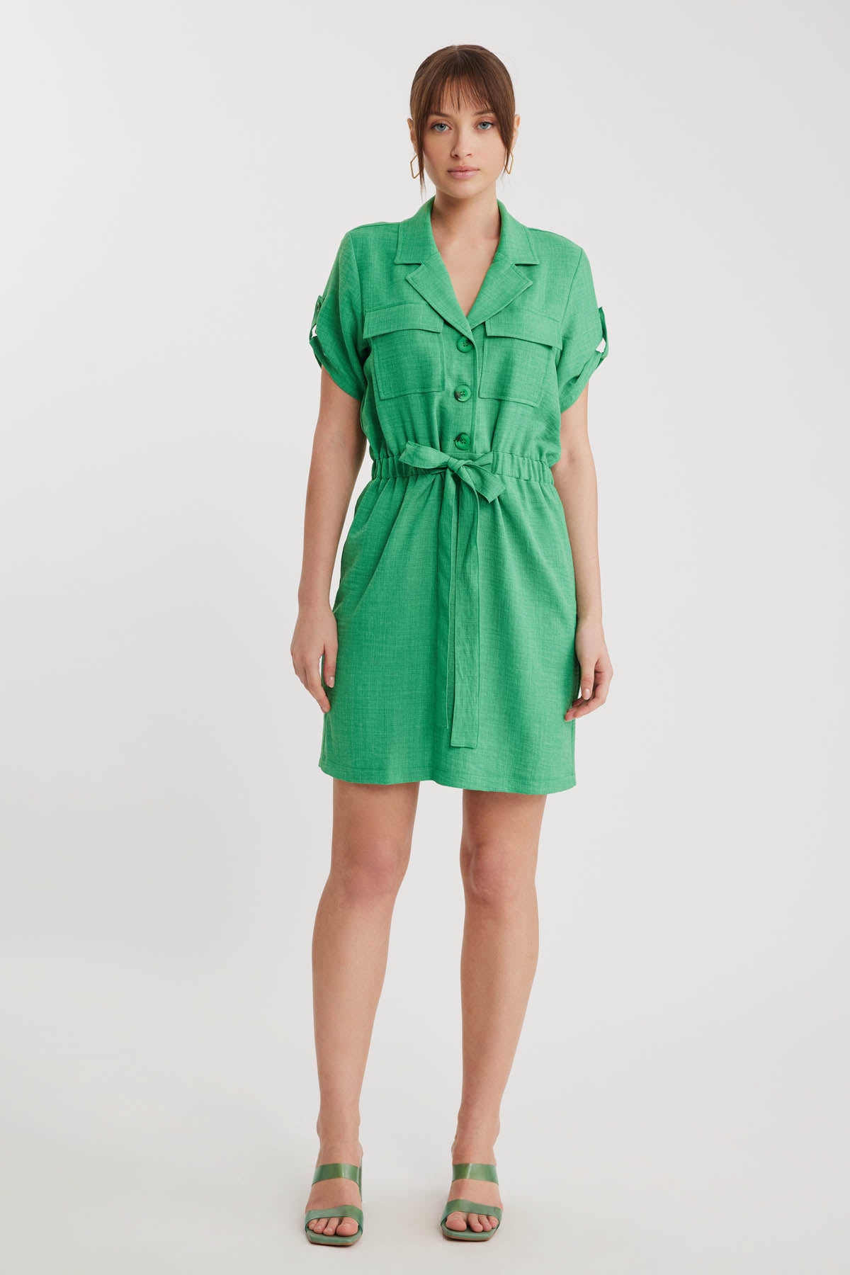 SHORT SLEEVE DRESS WITH COVER POCKET & WAIST TIE