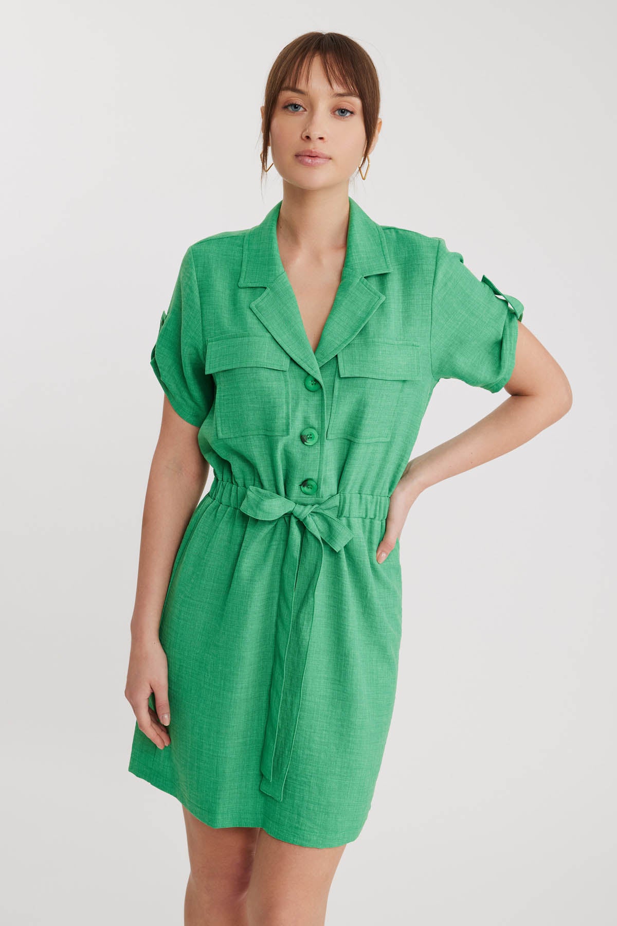 SHORT SLEEVE DRESS WITH COVER POCKET & WAIST TIE