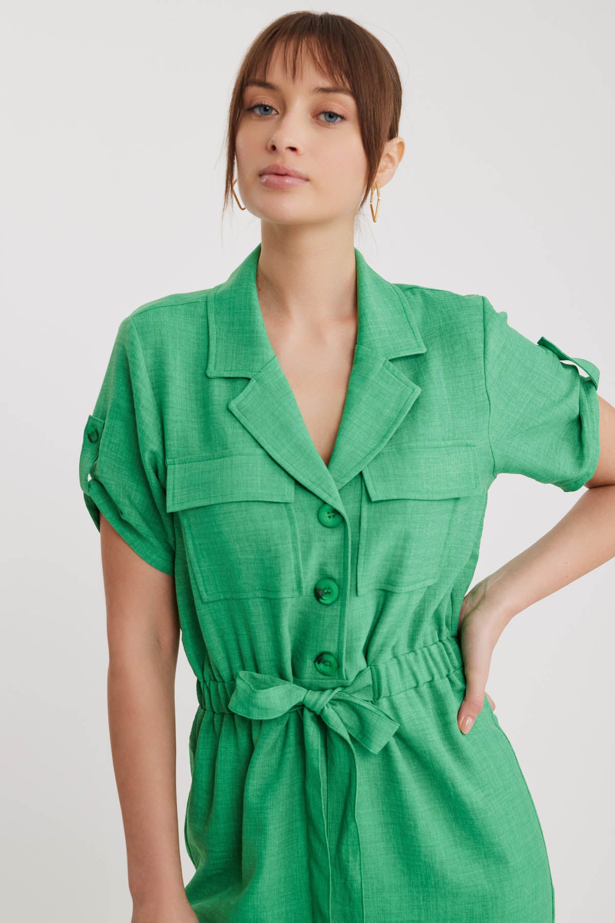 SHORT SLEEVE DRESS WITH COVER POCKET & WAIST TIE