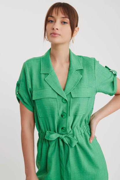 SHORT SLEEVE DRESS WITH COVER POCKET & WAIST TIE