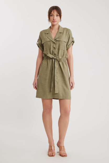 SHORT SLEEVE DRESS WITH COVER POCKET & WAIST TIE