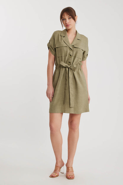 SHORT SLEEVE DRESS WITH COVER POCKET & WAIST TIE