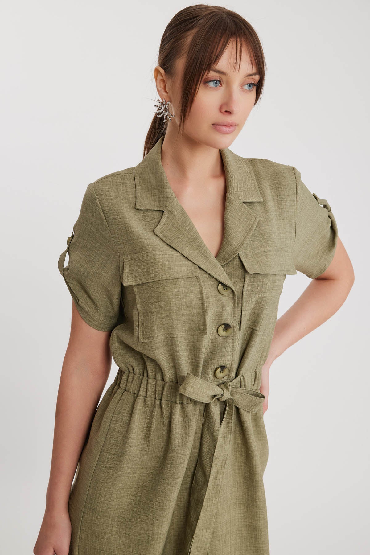 SHORT SLEEVE DRESS WITH COVER POCKET & WAIST TIE