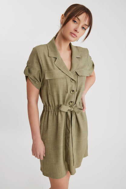 SHORT SLEEVE DRESS WITH COVER POCKET & WAIST TIE