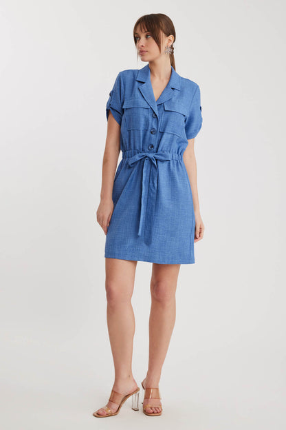 SHORT SLEEVE DRESS WITH COVER POCKET & WAIST TIE