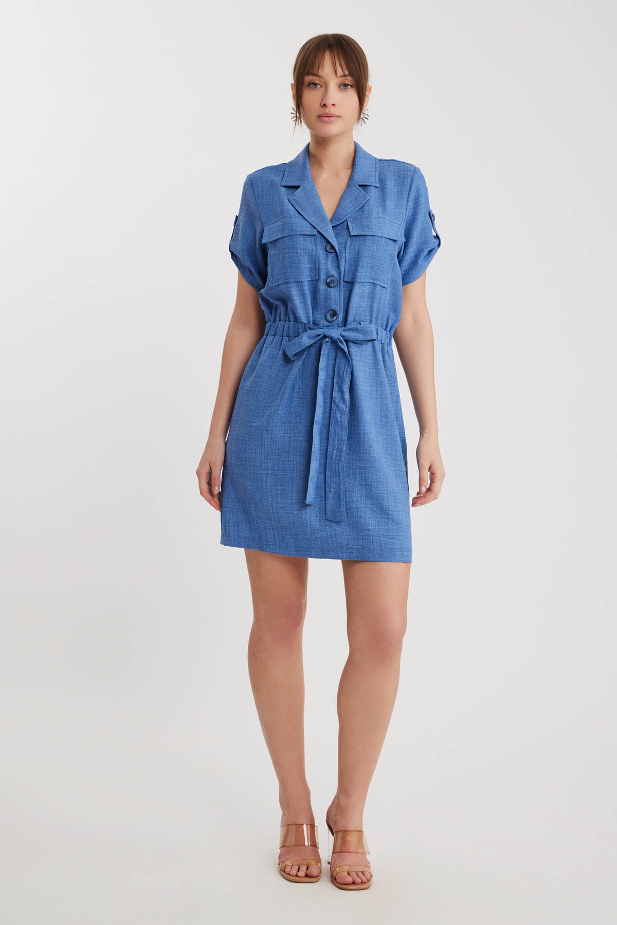 SHORT SLEEVE DRESS WITH COVER POCKET & WAIST TIE