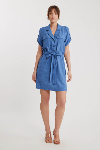 SHORT SLEEVE DRESS WITH COVER POCKET & WAIST TIE