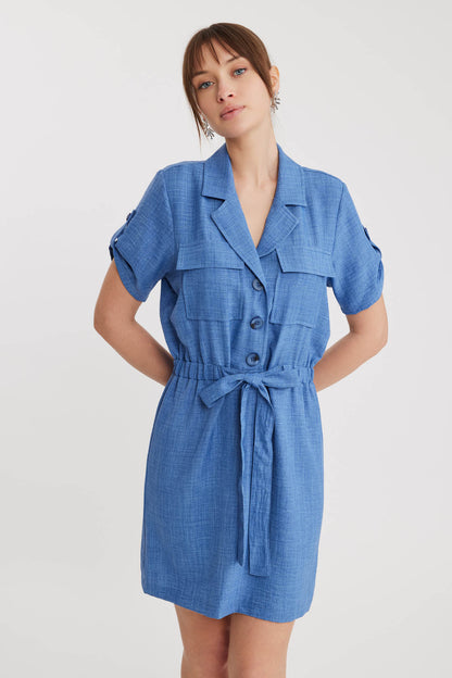 SHORT SLEEVE DRESS WITH COVER POCKET & WAIST TIE