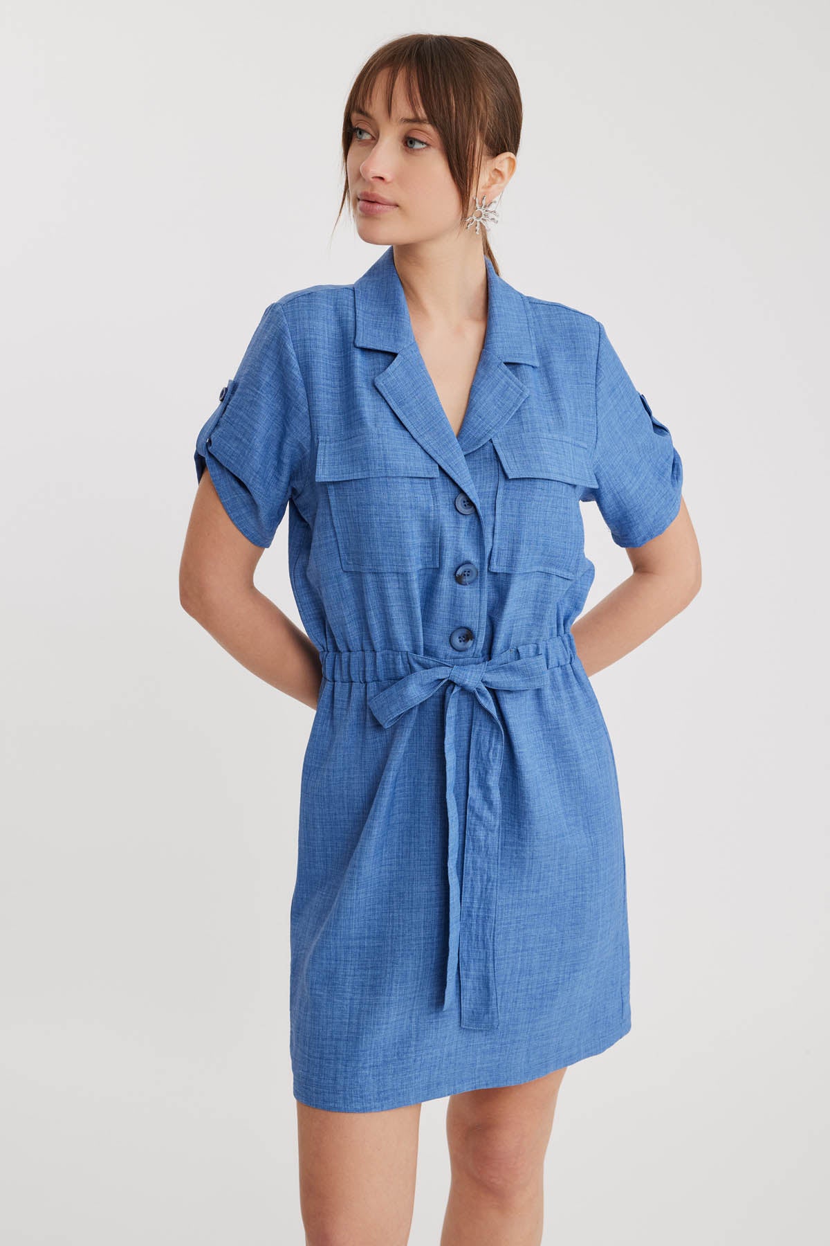 SHORT SLEEVE DRESS WITH COVER POCKET & WAIST TIE