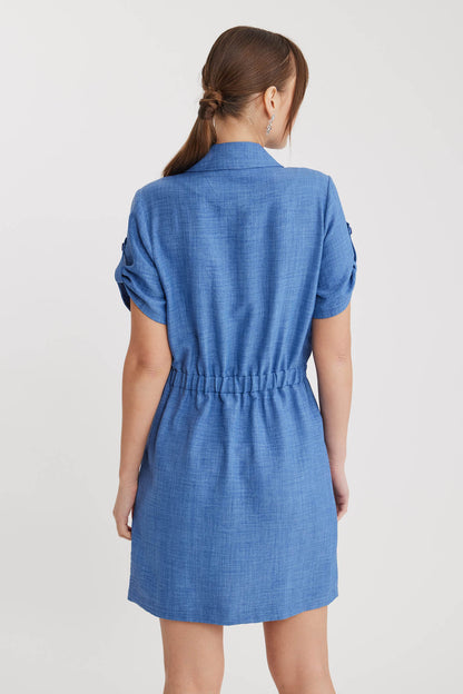 SHORT SLEEVE DRESS WITH COVER POCKET & WAIST TIE