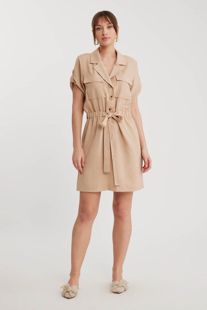 SHORT SLEEVE DRESS WITH COVER POCKET & WAIST TIE