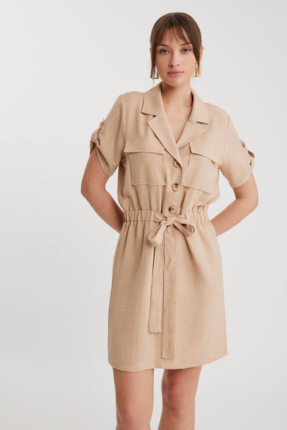 SHORT SLEEVE DRESS WITH COVER POCKET & WAIST TIE