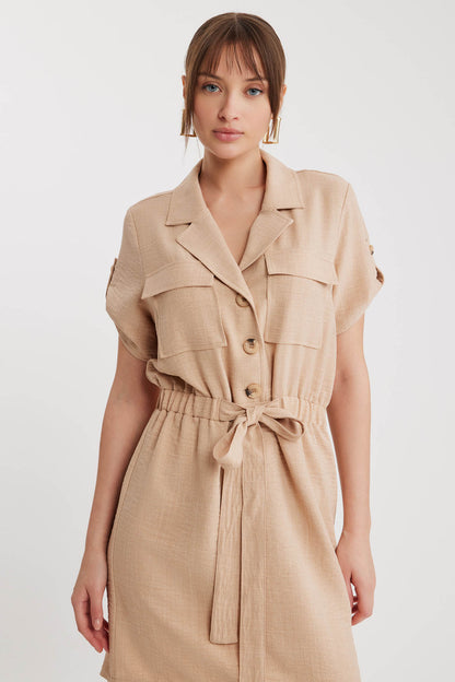 SHORT SLEEVE DRESS WITH COVER POCKET & WAIST TIE