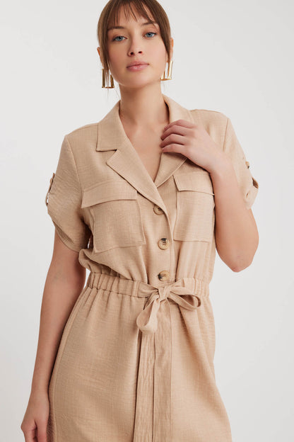 SHORT SLEEVE DRESS WITH COVER POCKET & WAIST TIE