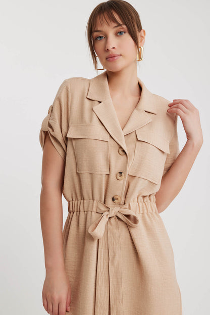SHORT SLEEVE DRESS WITH COVER POCKET & WAIST TIE