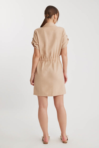 SHORT SLEEVE DRESS WITH COVER POCKET & WAIST TIE