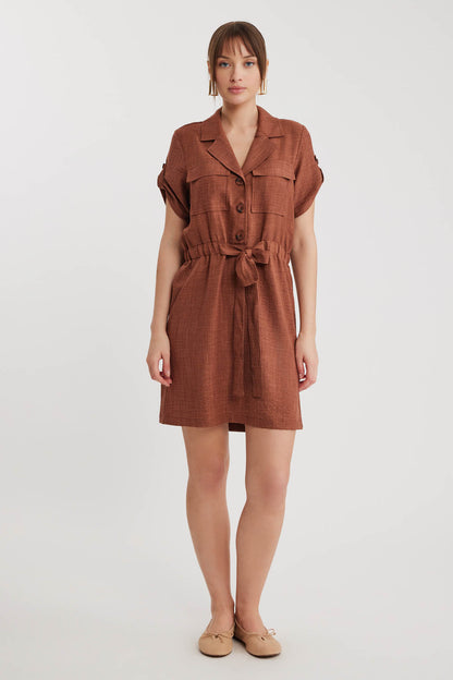 SHORT SLEEVE DRESS WITH COVER POCKET & WAIST TIE