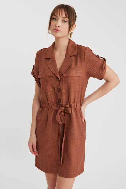 SHORT SLEEVE DRESS WITH COVER POCKET & WAIST TIE