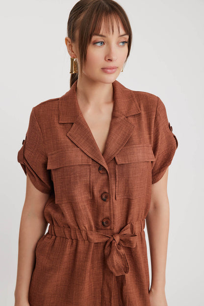 SHORT SLEEVE DRESS WITH COVER POCKET & WAIST TIE