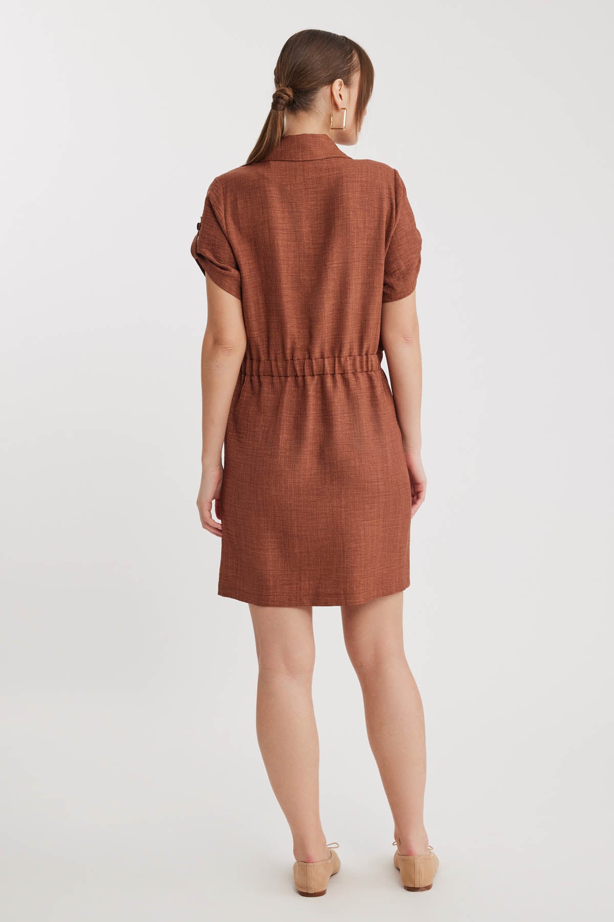 SHORT SLEEVE DRESS WITH COVER POCKET & WAIST TIE
