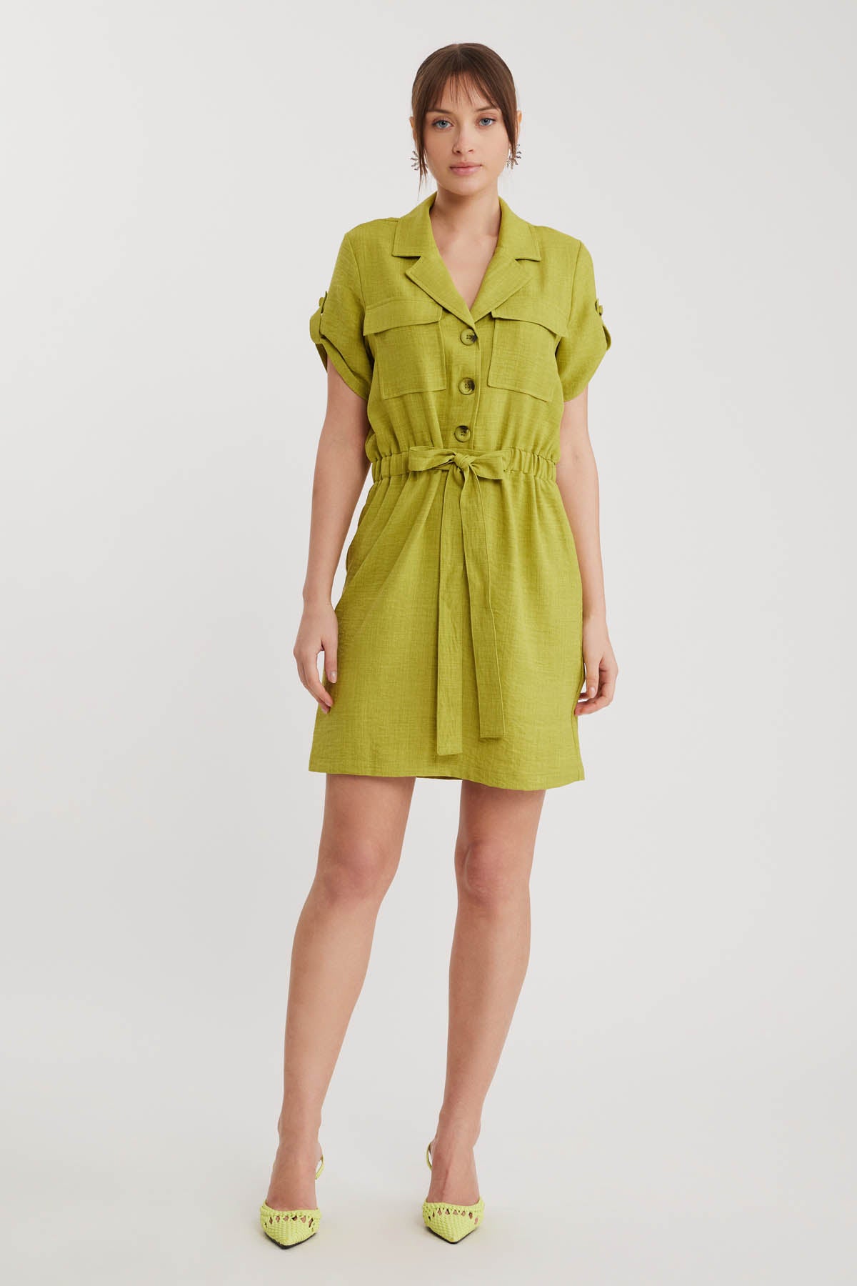 SHORT SLEEVE DRESS WITH COVER POCKET & WAIST TIE