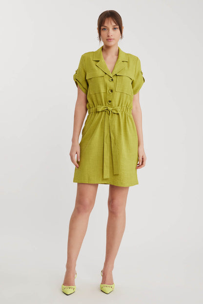 SHORT SLEEVE DRESS WITH COVER POCKET & WAIST TIE