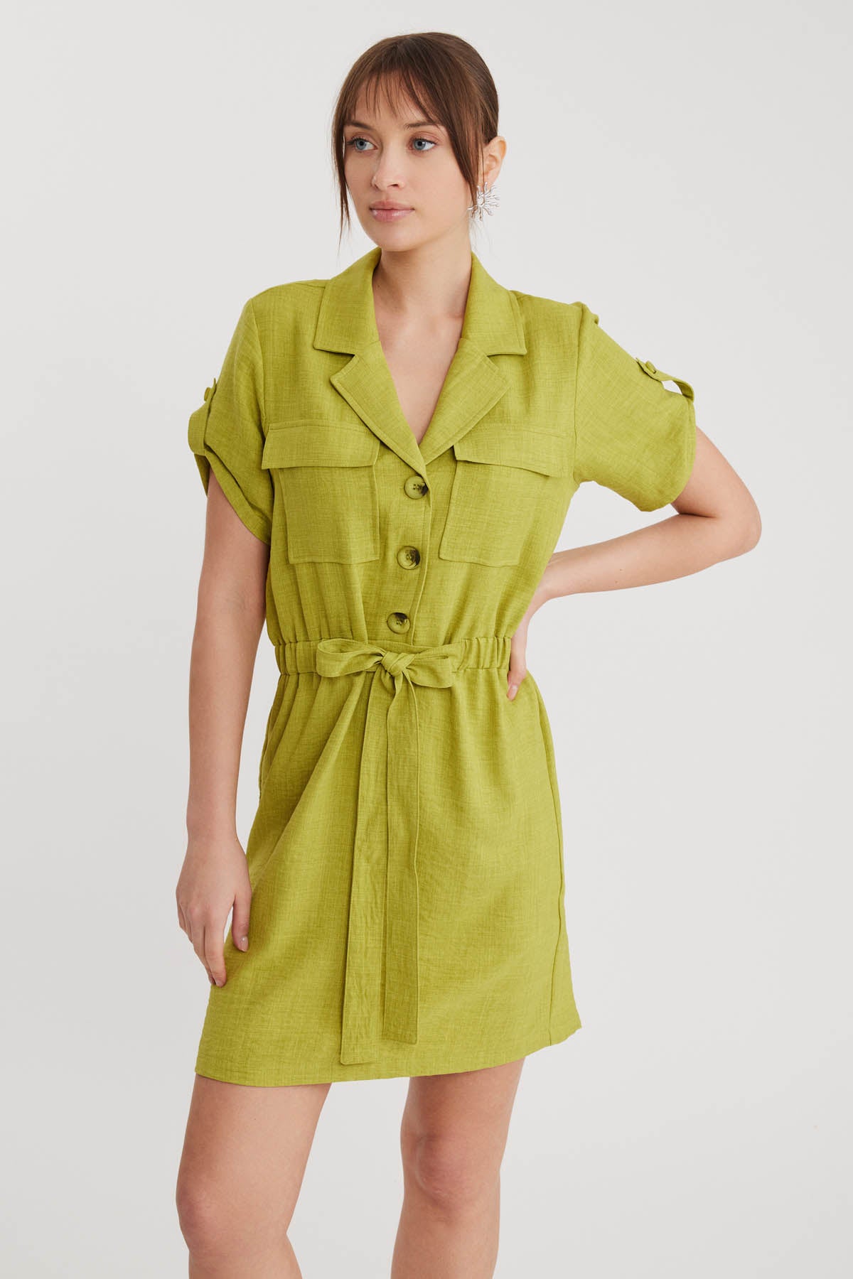 SHORT SLEEVE DRESS WITH COVER POCKET & WAIST TIE