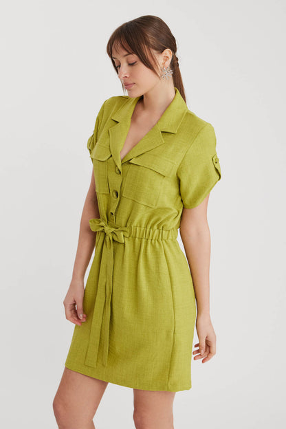 SHORT SLEEVE DRESS WITH COVER POCKET & WAIST TIE