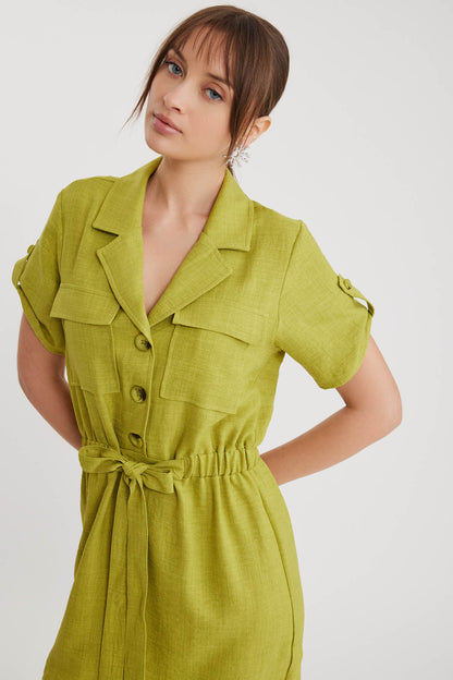 SHORT SLEEVE DRESS WITH COVER POCKET & WAIST TIE