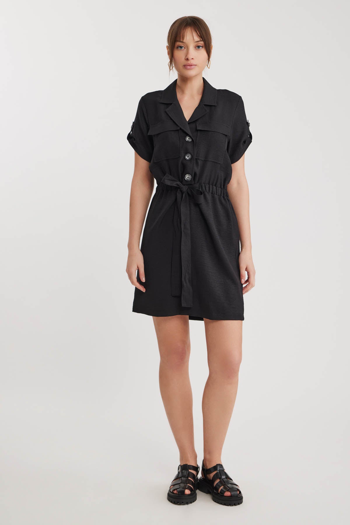 SHORT SLEEVE DRESS WITH COVER POCKET & WAIST TIE