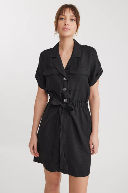 SHORT SLEEVE DRESS WITH COVER POCKET & WAIST TIE