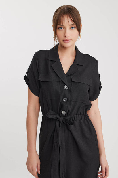 SHORT SLEEVE DRESS WITH COVER POCKET & WAIST TIE