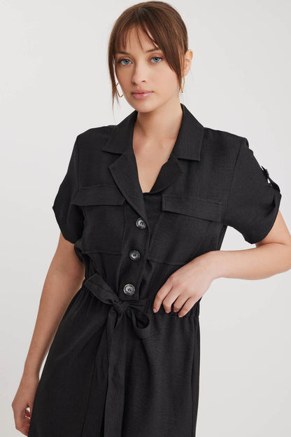SHORT SLEEVE DRESS WITH COVER POCKET & WAIST TIE