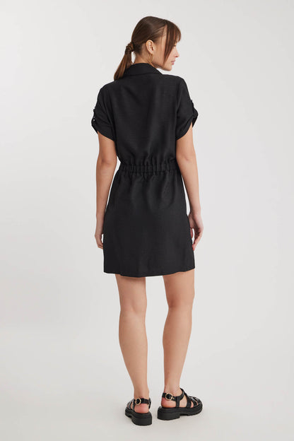 SHORT SLEEVE DRESS WITH COVER POCKET & WAIST TIE