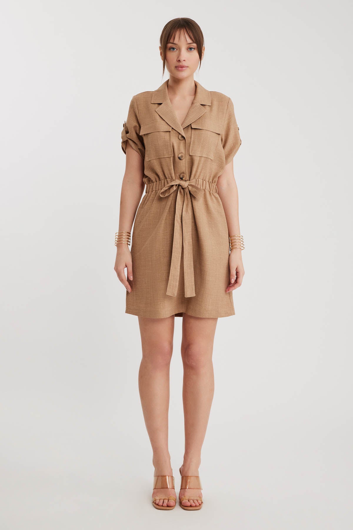 SHORT SLEEVE DRESS WITH COVER POCKET & WAIST TIE