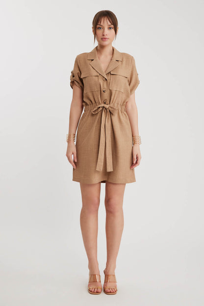 SHORT SLEEVE DRESS WITH COVER POCKET & WAIST TIE
