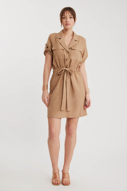 SHORT SLEEVE DRESS WITH COVER POCKET & WAIST TIE